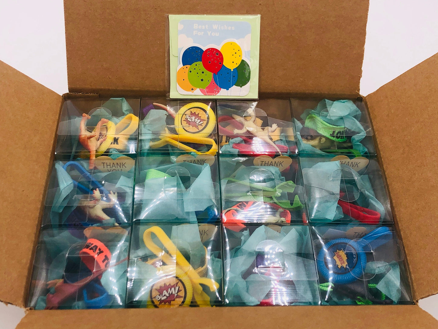 12x Pack Goody Bags Pre Made & Filled with Toys, Boys Girls Goodie Bag, disc shooter; tattoo; wristband; dinosaur; Bracelets