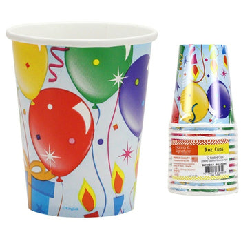 9 oz. Paper Cups - Birthday Balloons Design - 12-Packs