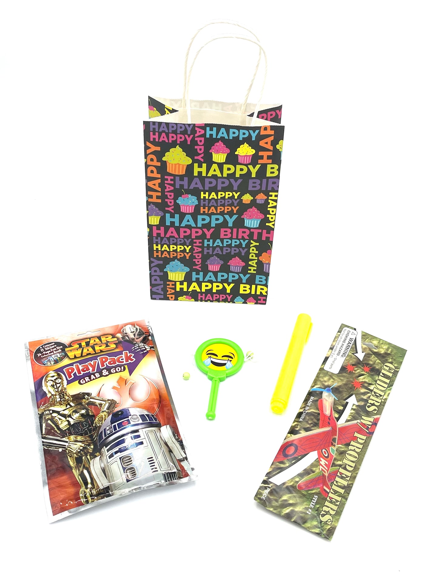 8x Pack Goody Bags Pre Made & Filled with Toys, Boys Goodie Bag, Licensed Star Wars Play Pack, noise maker, highlighter, glider