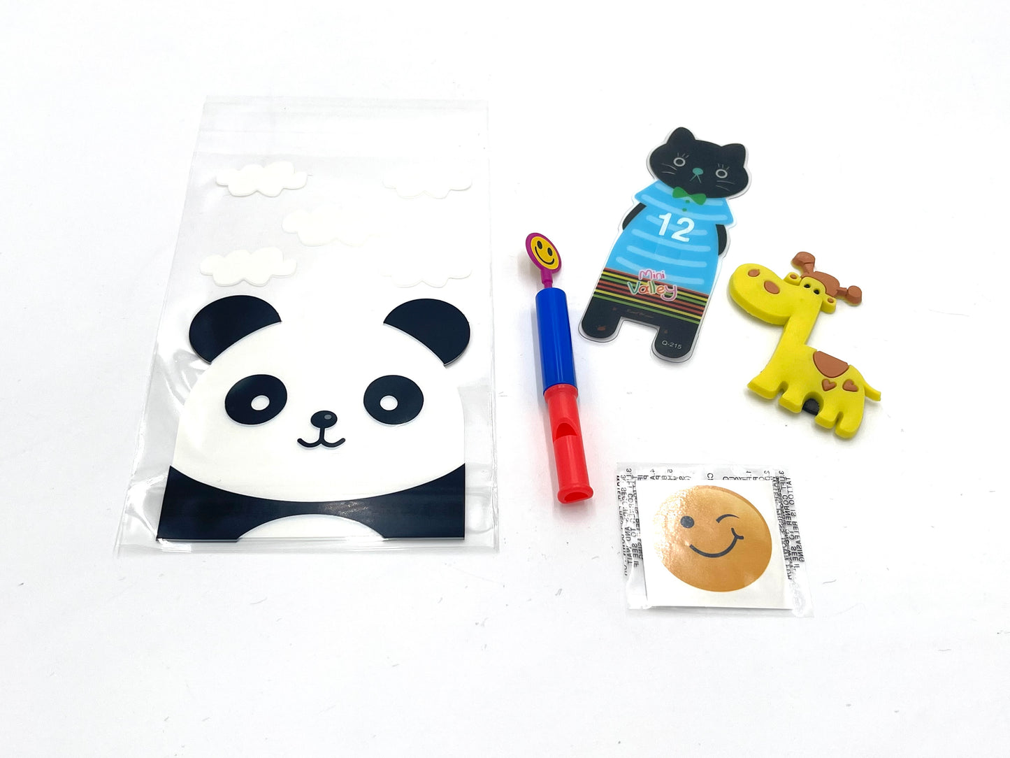 8x Goody bags; Plastic gift bags; Panda; smiley face whistle; bookmark; Smiley Face Temporary Tattoos