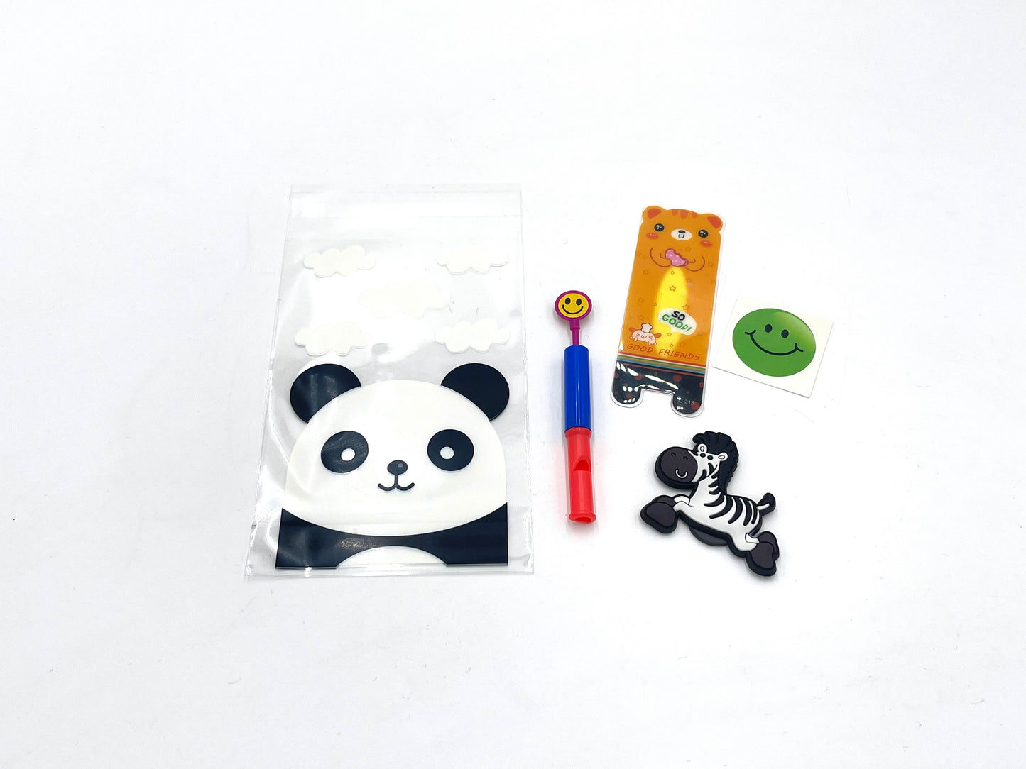 8x Goody bags; Plastic gift bags; Panda; smiley face whistle; bookmark; Smiley Face Temporary Tattoos