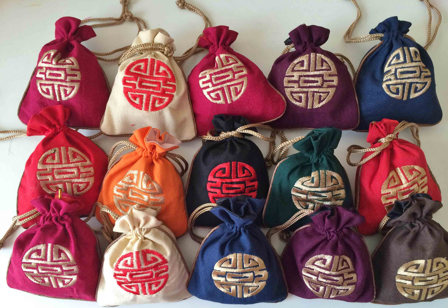 8x Fabric Gift Bags with Drawstring Chinese Traditional Fu Bags