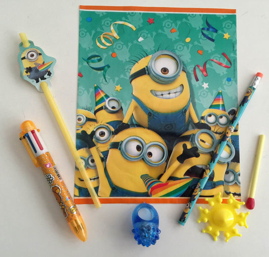 8x Pack Minions Goody Bags, Pre Made & Filled with Toys, Goodie Bag, Filled Goody Bag Loot Bag, Pencil; Eraser; Sharpener; LED toy