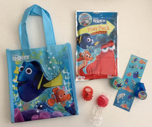 8x Pack Finding Dory Goody Bags, Pre Made & Filled with Toys, Goodie, Filled Goody Bag / Loot Bag, Pop ring;  LED ring;  stickers; whistle