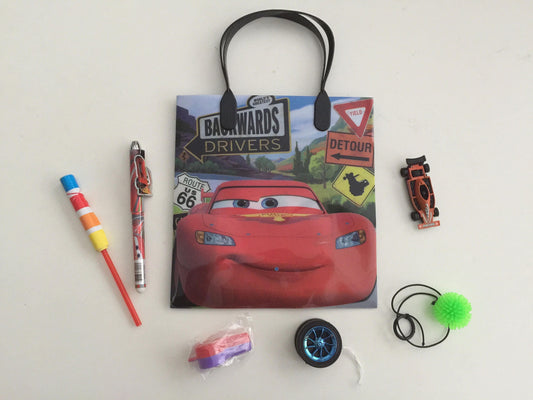 8x Pack Cars Goody Bags, Pre Made & Filled with Toys, Goodie, Filled Goody Bag / Loot Bag, Pencil; Eraser; note book; disc shooter