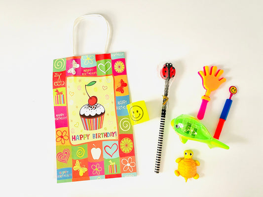 8x Pack Happy Birthday Goody Bags; Pre Made & Filled with Toys, Filled Goody Bag / Loot Bag; Smile Face Slide Whistles; sharpener; eraser