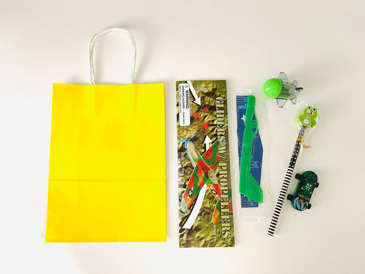 8x Pack Boy Happy Birthday Goody Bags; Pre Made & Filled with Toys, Filled Goody Bag / Loot Bag; Gliders; sharpener; eraser