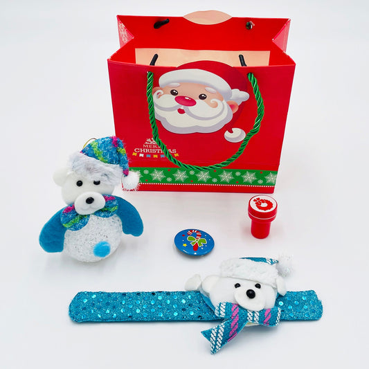 8x Pack Christmas Goody Bags; Pre Filled with Toys, Boys and Girls;  Filled Goody Bag; Loot Bag; LED Ornament;  Slap Bracelets