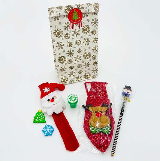 8x Pack Christmas Goody Bags; Pre Filled with Toys, Boys and Girls; Filled Goody Bag; Loot Bag; LED Ornament; Slap Bracelets