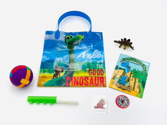 8x Pack Good Dinosaur Goody Bags Pre Made & Filled with Toys, Boys Girls Goodie Bag, dinosaur; coloring book; flute; plastic puzzle ball