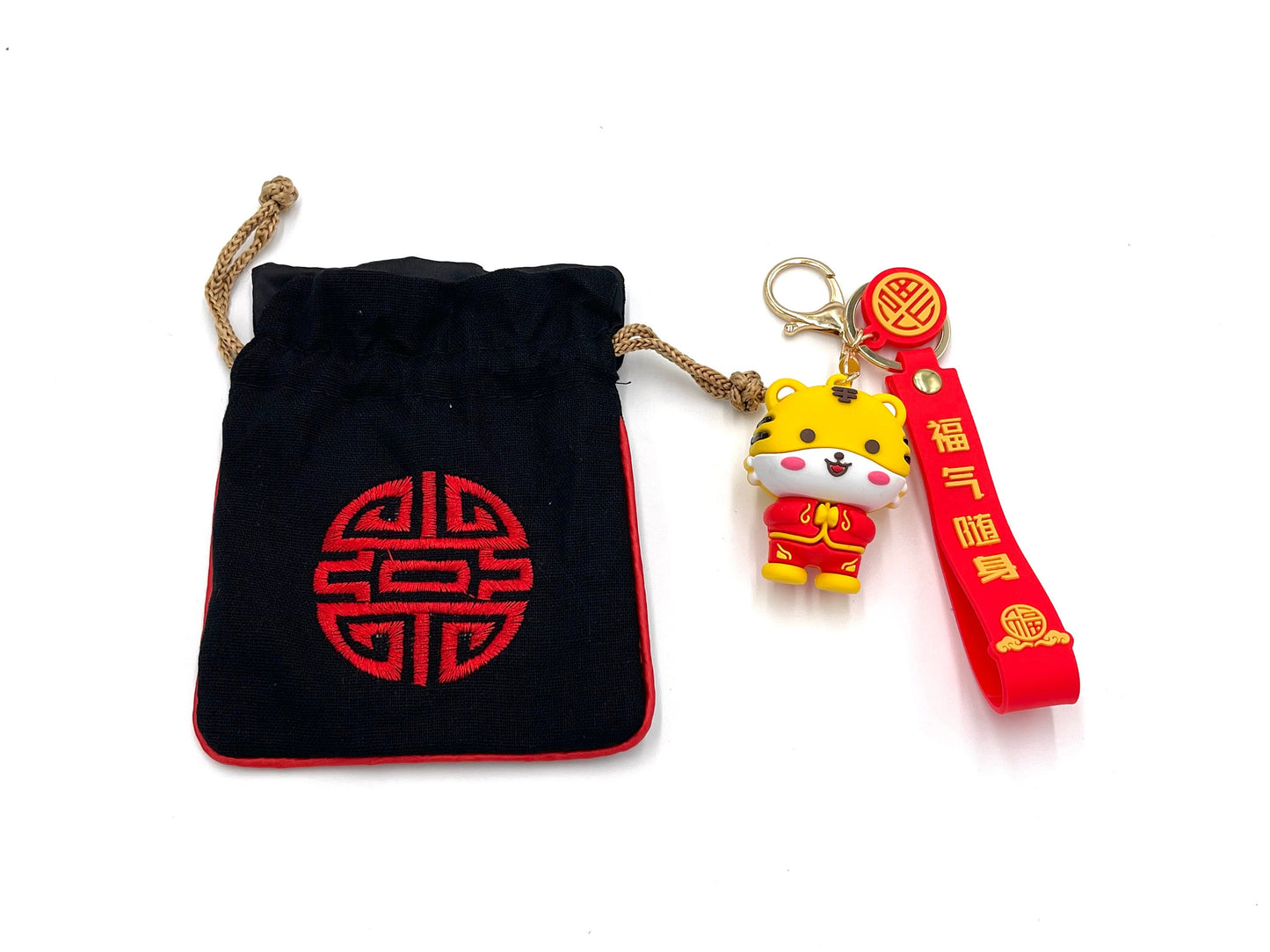 8x Chinese New Year goody bags; tiger keychain in Chinese good luck fabric bags; tiger 2022; lunar year; lunar new year party supplies