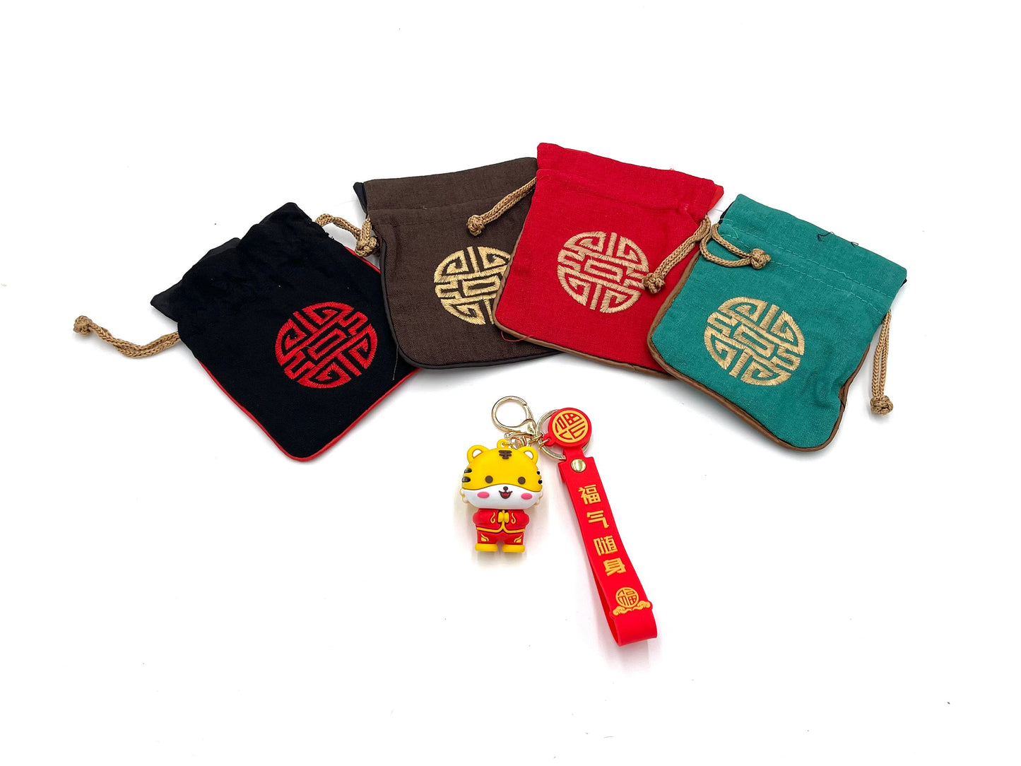 8x Chinese New Year goody bags; tiger keychain in Chinese good luck fabric bags; tiger 2022; lunar year; lunar new year party supplies